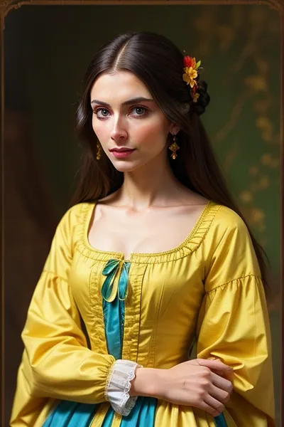 brunette, emaciated, woman, traditional ukrainian clothes, looking at viewer, simple yellow background, fantasy, 1760s style, technicolor, film grain, italian