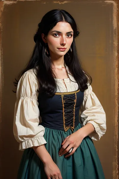 black-haired, emaciated, woman, traditional ukrainian clothes, looking at viewer, simple saffron background, fantasy, 1760s style, technicolor, film grain, andalusian