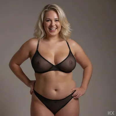Chubby beautiful blonde underwear model posing. Studio with bright white background, pear figure, (full body view), white background, black underwear, studio lighting, 40 years old, halterneck bra, big happy smile, pussy hair visible, seethru, <lora:seethruv3_SDXL:.5>