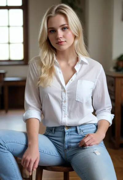 Woman 20 Years old white fat blonde bluse jeans pants