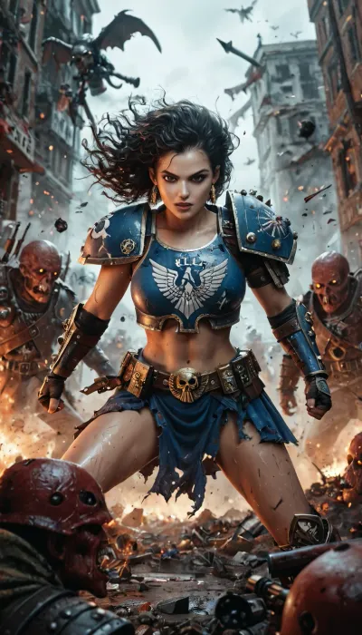 Warhammer, female, in armor, sister of battle, Warhammer 40000, epic pose, poster, masterpiece, high detail, kill monsters, monster fight, destroyed city