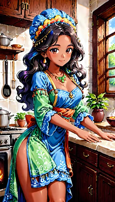 stylized drawing of a beautiful Gypsy woman at a cooking in a traditional Romani kitchen, The kitchen is compact yet efficient, with shelves or cupboards stocked with essentials. Pots and pans hang on walls, and colorful textiles or embroidered curtains may adorn the windows. A wood-burning stove or a gas range often serves as the central cooking areaFamily and friends gather in the background, she has long wavy hair, dark eyes, dressed in a traditional gypsy dress with bright patterns, The atmosphere is joyous and energetic, creating a sense of communal celebration, dark, skin, <lora:chest_adjust:.8>, <lora:2BoutOvalSDXL2-000002:.5>, <lora:Darker_skin_SDXL:.8>