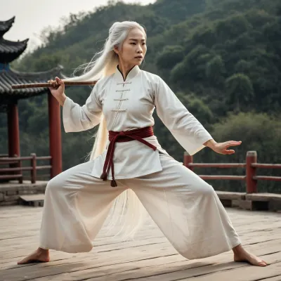 cHINESE kUNG fU maSTER, woman, China, Year 1800, Dynamic pose, long white hair, full body view, training with a wooden stick