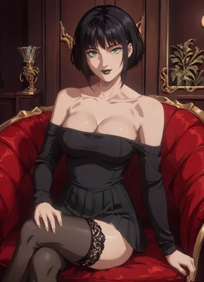 Black hair, green eyes, black lipstick, large breasts, 18 years old, living room, pale skin, black tight sweater, bare shoulders, bare neck, short pleated skirt, lace stockings, berets, sitting on chair, sexy pose, crossed legs sitting pose, front view, seductive smile, cleavage, <lora:NEOTOKIOXL_0.2_RC:1.5>