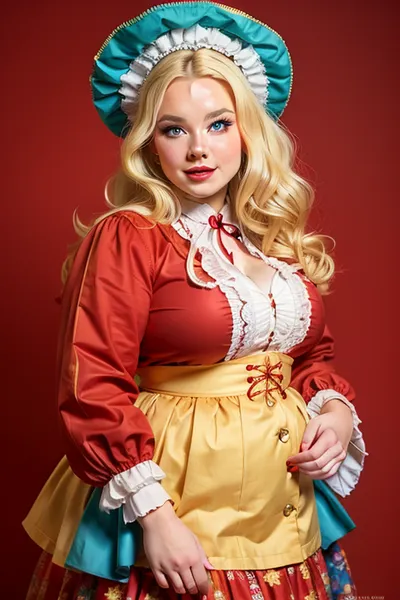 blonde, buxom, full, bbw, woman, traditional ukrainian clothes, looking at viewer, simple red background, fantasy, 1760s style, technicolor, film grain, dutch