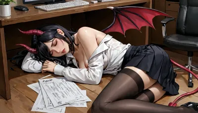 masterpiece, best quality, highly detailed, (anime:1.2), BREAK, sideview, ((a gorgeous 25 year old white succubus with demonic, wings, horns, tail)), (succubus has long black hair bob haircut), (eyes closed, dark and tired eyelids), (natural b cup boobs, beautiful nipples), (she is an exhausted, tired, and overworked software developer working overnight at a failing paper company, she was about to pleasure herself to relieve some stress but she collapses and falls asleep lying on her side under her desk from exhaustion, lying on her side on floor, her boobs are pressed against the floor:1.2), (company logo displayed on the wall in her office with text "Dunder Mifflin":1.2), (lying on her side on the floor), (she is sleeping at her desk, a lot of drool is dripping from her mouth onto the floor, small saliva puddle on floor, saliva, saliva strings), source code on a computer monitor at her desk, cup of coffee on her desk, slim, athletic, gymnast body, wearing a black blazer, no bra, black stockings, black pleated skirt, white loose unbuttoned blouse revealing cleavage, no panties, stockings, office, chair, RAR, <lora:MeMaV3_ill:.5>, <lora:add_details_xl:.5>, <lora:Better Anime Backgrounds - [Background] - SDXL Version 1:.5>, <lora:RAR 0.4v:.5>