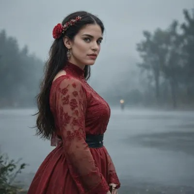 (fog:1.9), (rain), The foggy city, The Princess of the mist, dark red clothes, a beautiful young woman partially obscured by fog, a complicated old hairstyle, Flowers in her hair, vinous antique clothes, dynamic pose, 8k wallpaper, very long black hair, ((hyper realistic, masterpiece)), beautiful girl, ultra texture quality, smiled face, black lipstick, big lips, jewelry