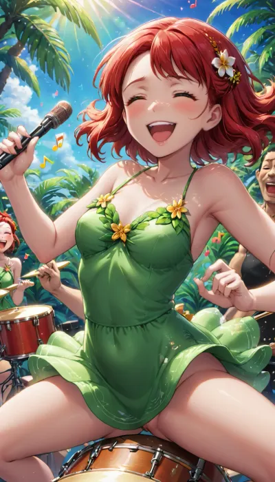 manga style, french 35 years old woman, long red air, laughing, beutiful green dress, singing in a micro, very small tits, playing drum set, in a tropical foret