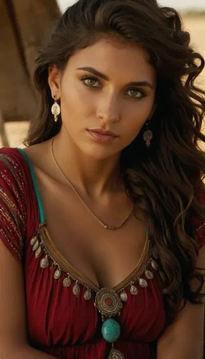 A stunning portrait of a gorgeous, (gypsy woman:1.5), with a wild, untamed beauty.
Her skin, tanned and bronzed from years spent under the open sky, glows with a warm, earthy radiance.
Her hair, a deep earthy black, is long, thick, and unbound, cascading down her back in a riot of waves and curls.
Her eyes, a deep, captivating green, hold a hint of otherworldly magic.
Her expression is both serene and fierce, reflecting a life lived in harmony with nature and a deep connection to the ancient ways.
She is astonishingly busty and curvaceous, with very large soft natural breasts, a narrow and fit waist, and wide luscious hips. She is seated on a worn, intricately carved wooden chest in front of a brightly painted, vibrant covered wagon.
She wears a flowing, colorful dress adorned with intricate embroidery in shades of turquoise, crimson, and emerald green.
Her jewelry is a dazzling array of vibrant beads, feathers, and silver coins.

The lighting in the scene is warm and golden, casting long shadows and highlighting the vibrant colors of the encampment.
The overall aesthetic is vibrant, energetic, and full of life., (natural skin texture, detailed fabric textures, detailed hair, detailed eyes, perfecteyes, perfect eyes:1.4), ZipRealism