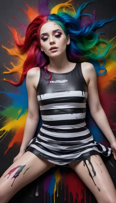 photo of a beautiful goth girl with thick flowing, (liquid paint rainbow hair:1.1), dress with wide horizontal black and white stripes, laying on her back made of paint and defies gravity, from above, highly detailed, intricate, amazing, trending, paint splatter, paint drops, Colorsplash 8k, high quality, photo