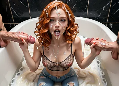 35 yo ginger fit woman, medium breasts, medium ass, medium curly hair, after sex, A domineering person, fishnet top, fishnet leggings, torn jeans, 1 girl 1 men, handjob, On your knees, Wine glass with cum in the right hand, Wine glass Filled sperm, Left hand make handjob, massive cum on the wall, cum on face, cum in bathtub, cum in mouth, massive bukkake, Cum Dripping From penis, cum on hair and nose, dripping gaped vagina, thick cum, oozing lumpy gobs of cum, used pussy, Covered In Sperm, dripping sperm, much cum shot on her body