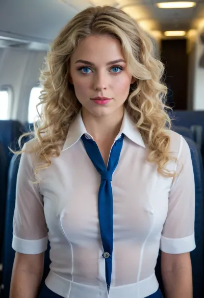 ((masterpiece, best quality)), (complex light), solo, full body, 1woman, 23 years old, blonde, long hair, curly hair, blue eyes, Nordic beauty, attractive, seductive, airline stewardess, inside a plane, suggestive clothing, daring clothing, sexy clothing