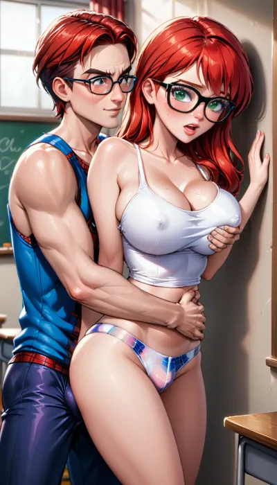 "Spiderman", ((Mary Jane, An insanely hot very busty innocent-looking female standing against the wall in a classroom)), ((very large boobs)), beautiful red hair, nerdy glasses, white tank top, cleavage, ((spiderman is violently groping her exposed body+pressing her against the wall)), ((extremely frightened facial expression)), ((panicking)), (Mary Jane is looking at spiderman with fear+worry), you can see the bulge in his pants from his large erect penis