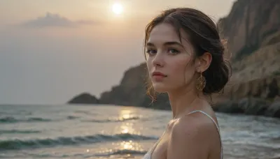 The legendary ancient Greek poet Sappho emerges from the sea onto the shore where her beloved girlfriend Atis awaits. Sappho is like a nu goddess emerging from the water. A captivating, atmospheric cinematography shot on the high-resolution V-Raptor XL camera featuring the distinctive film grain texture and subtle vignetting effects, carefully color-matched to evoke a sense of drama and tension, with expert post-processing to enhance the overall visual quality. The image is shot in stunning 35mm format, showcasing the raw emotion and intensity of live-action cinematography. The lighting is cinematic and precise, with deep shadows and warm highlights that draw the viewer in. The overall aesthetic is a masterpiece of epic proportions with a rich, dramatic palette that evokes a sense of awe and wonder. Every detail is meticulously crafted to create a visually stunning, evocative image that transports the viewer to another world. Ancient Greek detalization and athmosphere.