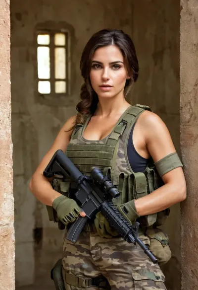 two beautiful sexy slender 25 year old greek female soldiers guarding prison cell door, combat uniform, (camo undershirt covering whole body and arms:1.2), (camo helmet:1.2), (combat boots:1.3), camo, (camo tactical vest:1.2), rifle, ammunition pouches, tactical belt, elbow pad, shoulder pad, (tactical gloves:1.3), velcro, clip fasteners, (guarding prison cell:1.1), perfect body, perfect face, <lora:230394_training_data:.5>