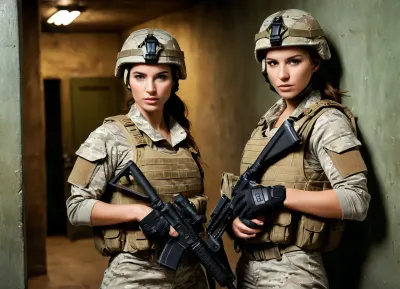 two beautiful sexy slender 25 year old greek female soldiers guarding prison cell, combat uniform, (camo undershirt covering whole body and arms:1.2), (camo helmet:1.2), camo, tactical vest, rifle, ammunition pouches, tactical belt, shoulder pad, kneepads, (tactical gloves:1.3), velcro, clip fasteners, (guarding prison cell:1.1)