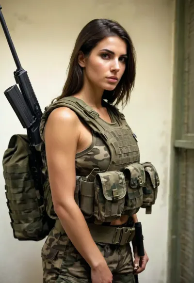 beautiful sexy slender 25 year old greek female soldier, combat uniform, (camo undershirt covering whole body:1.1), (camo helmet:1.1), camo, tactical vest, rifle, ammunition pouches, tactical belt, shoulder pad, kneepads, (guarding prison cell:1.1)