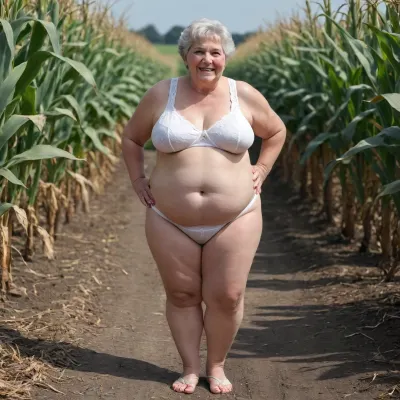 bbw short gray-haired grandmother, brunette, smiling, 90 years old, fat, very fat, in a corn crop, wearing lace white bra, lace white panties, standing, showing her knees and ankles, rear view, wide hips, fat thick legs, very cellulite, very wrinkled legs, wearing sandals, very old wrinkled legs skin, fat ankles, good hands, perfect fingers, open legs, very fat bulging belly, saggy big belly, full body, legs open wide.