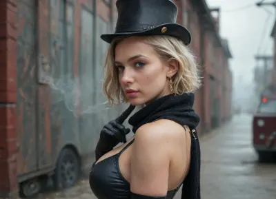busty blonde 18 year old girl queen of old London with a slender figure, elastic beautiful ass, short white hair, sexy ass, elastic boobs, detailed skin, near a steam locomotive, steampunk, fog, steam, in a black tight leather dress, and long black latex gloves, a black hat on her head, a fur black scarf on her neck, a ring with a ruby ​​on her finger, earrings with rubies in her ears