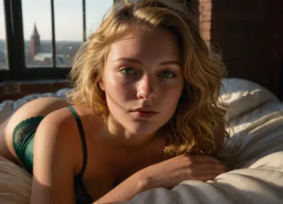 masterpiece, intimate photo, girl laying on stomach in bed, natural eternal beauty, ageless beauty, beautiful innocent big sad dark green eyes, Laying on her bed in a sunlit artist's loft with large, industrial windows, the subject is an enthusiastic college student in her mid-20s Her skin, a rich sun-kissed bronze, glows softly under the natural light, revealing subtle freckles across her nose and cheeks. insanely adorable, cute, gorgeous, luscious sensual lips, Her triangular features are accentuated by her messy golden blonde wavy hair, framing her face with a complex mix of brave and wild energy, blushing, shy, sadness, horniness, sensual, pleasure, pain. She wears a silk underwear to accentuate her slender features. Soft, diffused light filters through the loft's windows, casting gentle shadows that highlight the fine textures of her skin and the intricate details of her hair. the fine lines of her negligee's underwear's fabric, the natural contours of her face, and the nuanced play of light and shadow on her skin. hyper realistic and detailed faces and emotions, 3/4 view, full body view, full body shot, ultra detailed, <lora:Facials:.5>