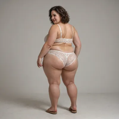 bbw short gray-haired grandmother, brunette, smiling, 90 years old, fat, very fat, in a corn crop, wearing lace white bra, lace white panties, standing, showing her knees and ankles, rear view, wide hips, fat thick legs, very cellulite, very wrinkled legs, wearing sandals, very old wrinkled legs skin, fat ankles, good hands, perfect fingers, open legs, very fat bulging belly, saggy big belly, full body, legs open wide.