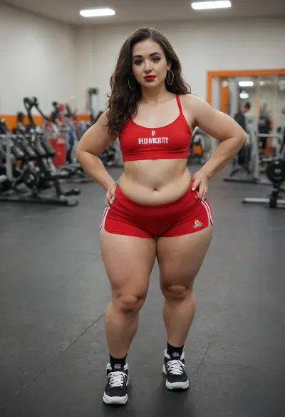 Very obese overweight bbw hairy 25 years old Russian bimbo in sports bra shorts and sneakers, long brunette hair, (brunette public hair), hoop earrings, circlets, red lipstick, heavy makeup, small boobs, (flat chested:1.3), ((wide hips:1.4)), (pear body shape:1.3), thick tights and calves, narrow waist, full body picture, tattooed, (gym background), do yoga poses on a fitness mat