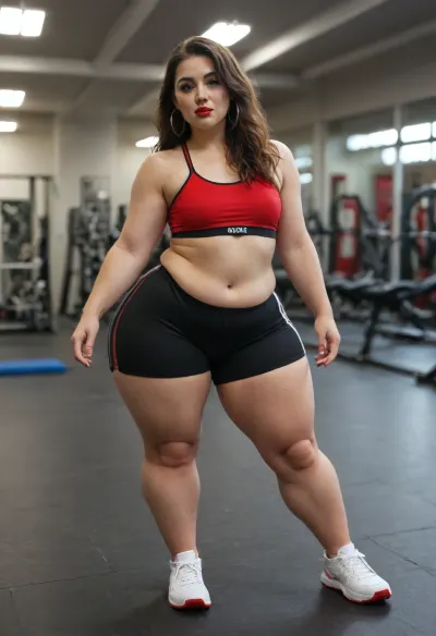 Very obese overweight bbw hairy 25 years old Russian bimbo in sports bra shorts and sneakers, long brunette hair, (brunette public hair), hoop earrings, circlets, red lipstick, heavy makeup, small boobs, (flat chested:1.3), ((wide hips:1.4)), (pear body shape:1.3), thick tights and calves, narrow waist, full body picture, tattooed, (gym background), do yoga poses on a fitness mat