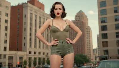 full body view, wide angle, NSFW, Create a striking image of a woman embodying the classic pin-up style of World War II nose art, set against a modern urban backdrop. She has a vintage look, featuring tight-fitting clothing that includes high-waisted shorts and a stylish backless top, reminiscent of the 1940s fashion. The scene is bathed in warm, soft lighting that highlights her confident pose, showcasing her as a bold figure amidst the contemporary cityscape. Surrounding her are elements of modern architecture, with a blend of retro aesthetics, such as art deco buildings and vibrant street art. The high-resolution graphics should capture intricate details, from the textures of her clothing to the lively atmosphere of the city, creating a vivid contrast between her vintage style and the modern environment., <lora:torpedotitsv3:.5>, <lora:nudity_v02_i1300:.5>