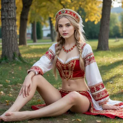russian 18yo girl in park garden, ((sitting on the ground, spreading legs, legs wide open)), ((wearing Russian national costume, kokoshnik, partially nude, bottomless, no panties, pussy, visible pussy)), ((full body view, 4/4 view)), ((skinny body, medium tits, pussy, long thin legs, narrow waist)), braided blonde hair, masterpiece, professional photo, high quality, high quality photo, style of V. Vasnetsov, russian village, ancient russia, khokhloma, gzhel, highres, extremely detailed, 8k photo, best quality, realistic, erotic, photorealistic, photo, photography, detailed, in focus, UHD 8k focus, skinny perfect face, photoreal