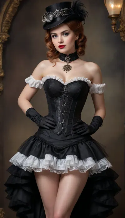 A vintage-style full-body portrait of a woman dressed in an elaborate Victorian-era inspired costume, she wears a steampunk hat with goggles and small mwchanical watches on it, exuding elegance and charm with a touch of theatrical flair. The outfit features a structured white corset with black beaded detailing along the neckline, creating a sophisticated and glamorous contrast. The corset accentuates her figure, while the black lace gloves add a delicate yet bold element to her look.

The skirt is a layered design with black and white striped fabric and black tulle overlays, featuring intricate polka-dot patterns and ruffled accents that add volume and movement. The combination of textures creates a rich, visually dynamic ensemble. A black choker with a small pendant adorns her neck, perfectly complementing the gothic aesthetic of the outfit.

Her hair is styled in voluminous, curly waves, framing her face with a timeless and dramatic effect. The hairstyle includes a black feather accessory that enhances the theatrical, period-piece look. Her makeup is classic, with a focus on bold red lips and subtly defined eyes, adding to the overall vintage charm.

The background is a muted, warm-toned brown with a painterly texture, resembling a traditional studio backdrop from the late 19th century. The lighting is soft and diffused, creating a warm glow that highlights her features and the intricate details of her outfit, while casting gentle shadows that add depth to the image.

The composition is centered, with the subject standing in a poised and confident manner, one hand resting on her hip and the other delicately holding a part of her skirt. The overall mood is timeless and elegant, evoking a sense of historical drama and classic beauty.