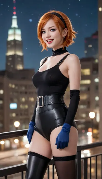 girl, dynamic pose, cowboy shot, smile, open mouth, looking at viewer, standing, detailed background, a, LindaXL, orange hair, short hair, blue eyes, hairband, earrings, lipstick, (anime screencap:1.1), flat color, platform strappy high heels, score_6_up, source_anime, BREAK 1girl, solo, bob cut, black bodysuit, black gloves, belt, thigh boots, profile, night sky, city