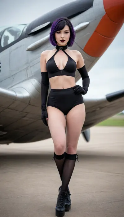 In the style of a 1940s pinup, 3/4 perspective, full body in image, naked Goth Chinese/Asian girl like a 1940s pinup girl, (setting, outside on an air strip, side view of a WWII P-51 Mustang airplane, sitting on the edge of the wing the P-51 Mustang airplane), (posed, legs dangling off the airplane wing, ankles crossed, one hand behind her head, back arched), (clothing, naked, fully nude except for a black choker, black combat boots, black stockings black gloves), (traits, thick labia, fat labia, pubic hair, hairy pussy, thin, slender, athletic, beautiful, Japanese), (styling, gothic, emo, black makeup, black lipstick, black eyeliner, purple eye shadow, purple streaks in her black hair), full body image