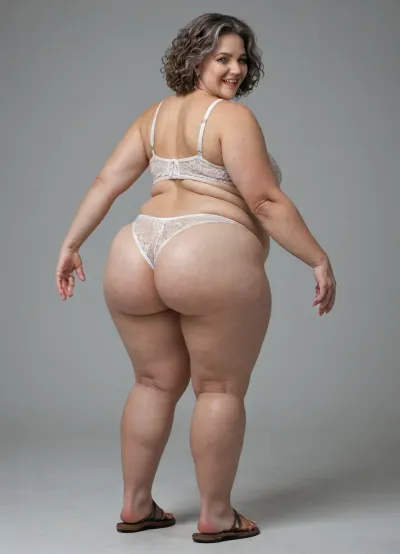 bbw short gray-haired grandmother, brunette, smiling, 90 years old, fat, very fat, in a corn crop, wearing lace white bra, lace white panties, standing, showing her knees and ankles, rear view, wide hips, fat thick legs, very cellulite, very wrinkled legs, wearing sandals, very old wrinkled legs skin, fat ankles, good hands, perfect fingers, open legs, very fat bulging belly, saggy big belly, full body, legs open wide. Big saggy belly