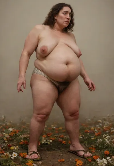 bbw short gray-haired milf, hanni from, wide eyes, shocked, obese, overweight, cellulite brunette, 50 years old, fat, very fat, stratch stretch marks, (in a flowers field:1.5), wearing lace white panties, no bra, topless, standing, showing her knees and ankles, side view, wide hips, fat thick legs, very cellulite, very wrinkled legs, wearing sandals, very old wrinkled legs skin, fat ankles, good hands, perfect fingers, open legs, very fat bulging belly, saggy big belly, full body, legs open wide. Big saggy belly, (hairy pubis under the panties:1.6)