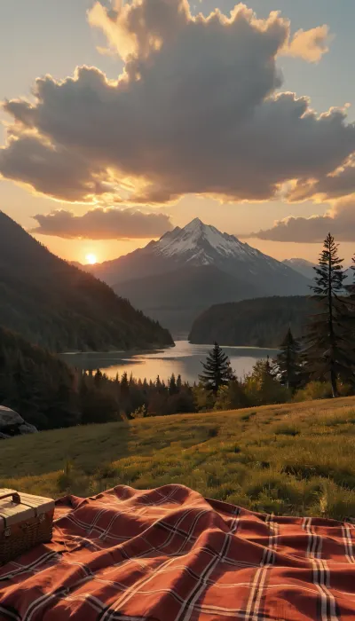 intimate masterpiece of clearing in the woods, looking out onto a massive lake, mountains far far away, an vibrant orange sunset, romantic, high quality, 4k quality, amazing quality, (most of the screen is the lake), (theres a picnic blanket in the clearing), <lora:add-detail-xl:.5>