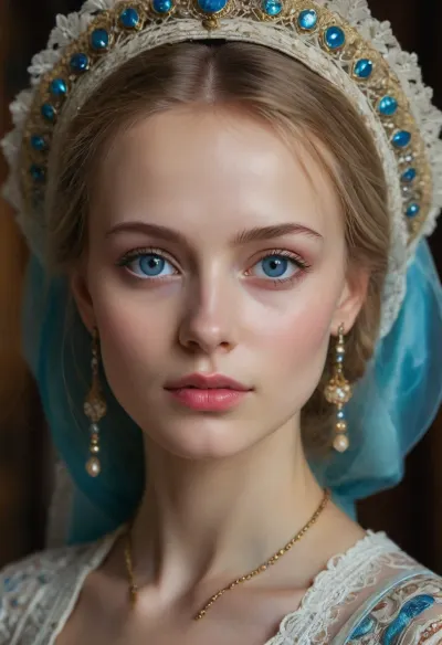 The face of a beautiful girl, young, russian, pretty, very narrow face, skinny, skinny face, high forehead, powerful jaws, a prominent strong-willed chin, a straight nose, very large round blue eyes, blonde, white skin Portrait of a Russian beauty in national costume, lace filigree of bright, rich color. Super clear, highly detailed watercolor, glaze technique, plus colored alcohol ink, style of V. Vasnetsov