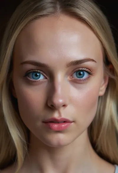 The face of a beautiful girl, young, russian, pretty, very narrow face, skinny, skinny face, high forehead, powerful jaws, a prominent strong-willed chin, a straight nose, large blue eyes, blonde, white skin