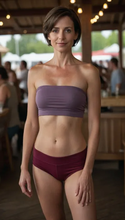 A realistic, full-body photograph in halfprofile of a 45-year-old woman with very short brunette hair, an attractive narrow face, and a prominent narrow nose. She is very tall, with a very athletic and slender build, with a firm medium chest, and is barefoot. She is wearing very low waist tiny yoga booty shorts, a strapless very short crop tube top, jewelry, and flat strappy leather sandals without heels. The background depicts a wine festival with bright natural lighting and a cheerful atmosphere. Very detailed skin, very detailed facial features, (Wide-angle lens Summilux-M 1:1), 4/24 ASPH, shot with a Leica M11 camera, bokeh, hinaigirl, <lora:sdxl_photorealistic_slider_v1-0:2>, <lora:MaybeBetterFaceInFullBodyLora_XL_rev3:.7>