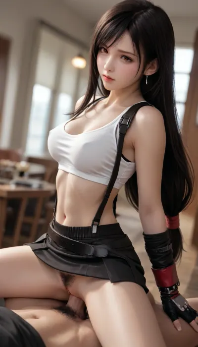 Tifa Lockhart from Final Fantasy, score_9, score_8_up, score_7_up, score_6_up, ((large open chest), thin waist, beautiful figure), detailed face, tifa lockhart, croptop, (pubic hair), skirt, fingerless, gloves, Tifa7re, Tifa_Outfit, Object, GD, A man in military uniform facks Tifa Lockhart, uncensored, anal sex, vaginal sex, (Far angle, remote angle, view from afar), (side view)