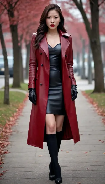 sexy chinese girl, sexy face, perfect eyes, perfect body, perfect lips, red diva velvet carmine lipstick, tight red brown long leather coat, black leather gloves, full body view