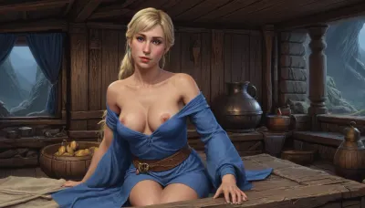 one woman, Haelga from Skyrim, 30 year old, scandinavian, blonde medium hair ponytail, medium breasts, seductive face, licking lips, inside medieval wooden house, wearing medieval blue wrap dress, sitting on medieval bed, covering breasts with arm, big honey pot covering vagina, front view, (artwork, digital painting, concept art, by syd mead, flat colors), <lora:concept_art_syd_mead:1.5>