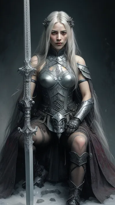 A beautiful Lith Paradies as knight female with long Grey Hair, looking badass into camera, wearing Iron vermillion White glowing Amor and russian Fur beast bear, sitting badass on a ICE Throne Holding down a glowing Gladiator sword, hyper realistic, HD, in Style of Luis Royo, model Pose, badass, simple black Background, perfekt light, Illustration, pino Daheny, Jeremy Mann, Alex Maleev, surrealism, art by james jean, takato yamamoto, inkpunk, delicate detail, highly detailed.
