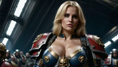 (Ultra realistic beautyful women), sister of battle, (warhammer 40k game), sororitas, (heavy space marine armor), (ultra detailed masterpiece face), (ultra realistic eyes), blond hair, (very tall athletic body), (giantic breasts), full body view