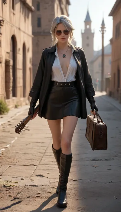 Ciri, The Witcher, female warrior, Outfit, Black trench coat, leather boots, tactical gloves, leather skirt, Mexican Guayabera Shirt, more open at the chest, 90s Vintage Slim Sunglasses, wolf necklace, Open chest, no buttons, Guitar Bag, Hard Shell Guitar Case, Guitar bridge, Pose, Confident stance, walking through dust, Setting, Mexican desert town, old buildings, saloon, church, dusty streets, Lighting, Sunset glow, dramatic shadows, warm tones, Style, Neo-western, cinematic, gritty, high detail, Mood, Intense, mysterious, action-packed, Guitar player extra