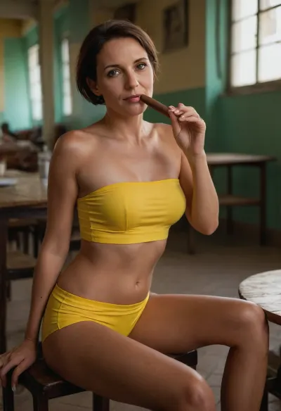 A realistic, full-body frontal photograph of a sitting 45-year-old german woman with very short brunette hair, an attractive narrow face, and a prominent narrow nose. She sits at a very low stool with her long strong legs wide spread. She is very tall, with a very athletic and slender build, with a firm medium chest, and is posing with her beautiful feet. Her skin is very deep suntanned. She makes eye contact and flirts with the photographer. She is wearing bright yellow very low-waisted tiny spandex yoga booty shorts, a bright yellow strapless very short crop tube top. Her erect nipples are visible under the fabric. Her breasts are firm and heavy d-cup-sized. She is wearing tasteful jewelry and, (flat strappy leather sandals without heels:.9), . The background depicts the sunny outdoor patio of a cuban cigar factory with bright natural lighting and a cheerful atmosphere. She is smoking a big lit cigar which she holds in her left hand. Very detailed skin, very detailed facial features, (Wide-angle lens Summilux-M 1.4/24 ASPH), shot with a Leica M11 camera, bokeh, blurred background, no people in the background, hinaigirl, <lora:sdxl_photorealistic_slider_v1-0:2>, <lora:MaybeBetterFaceInFullBodyLora_XL_rev3:1.4>, <lora:MJ52_v2.0:.5>