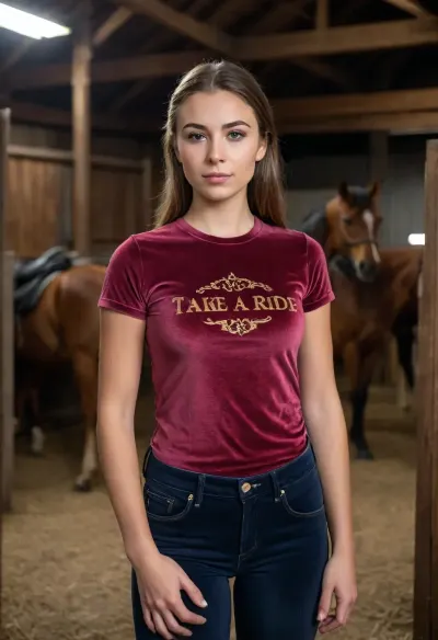 girl in horse stable wearing tight velvet t-shirt with ' Take A Ride ' on it