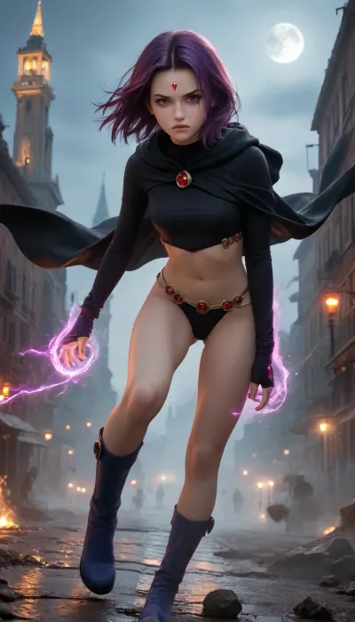 RavenTT, red forehead jewel, of raven from titans, grey skin, blue boots, black hooded, bodysuit, angry, angry expression, frown, purple eyes, small breast, small ass, black lipstck, score_9, score_8_up, score_7_up, skimpy intricate, gloves, purple swirling magic, city background, colorful, vivid, beautiful, HD, masterpiece, windblown wild purple hair, action pose, detailed body, hips, fantasy, (at night:1.5)