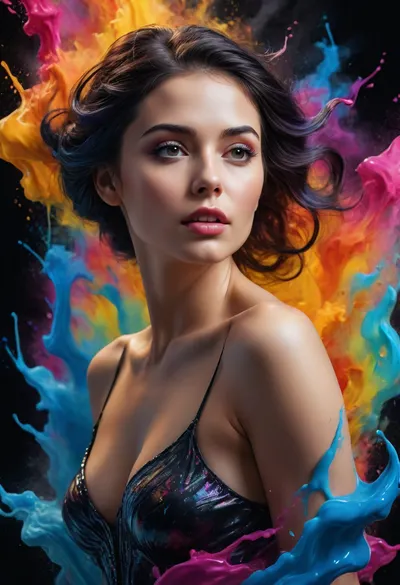 Colorful woman, Black ink flow, 8k, photorealistic masterpiece, intricately detailed fluid gouache, calligraphy, watercolor art, professional photography, volumetric lighting, photo-illustration, concept art, elegant, fantastical