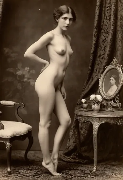 victorian era, nude, black and white, victorian era photography, full body, super skinny, showing pussy, young, 1880's photograph, side view, legs open, 1800's photo quality, sephia tone, hairy pussy