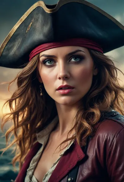 GLAMOUR PIRATE FILM POSTER, IN THE STYLE OF EPIC MOVEMENT, DYNAMIC COMPOSITION, CINEMATIC COLOR GRADING, STUNNING, PHOTOREALISTIC, CHAOTIC ACTION, INTENSE EMOTION.